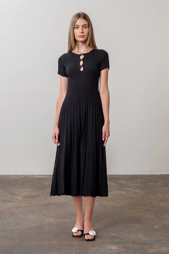 Front Bow Detail Short Sleeve Knit Midi Dress-Dress-Moon River-XS-BLACK-Urbanheer