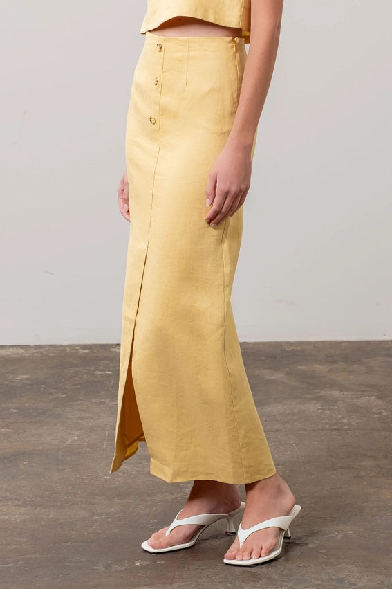Front Button Detail Linen Midi Skirt LIGHT YELLOW-Skirts-Moon River-XS-LIGHT YELLOW-Urbanheer