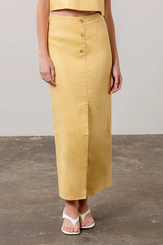 Front Button Detail Linen Midi Skirt LIGHT YELLOW-Skirts-Moon River-XS-LIGHT YELLOW-Urbanheer