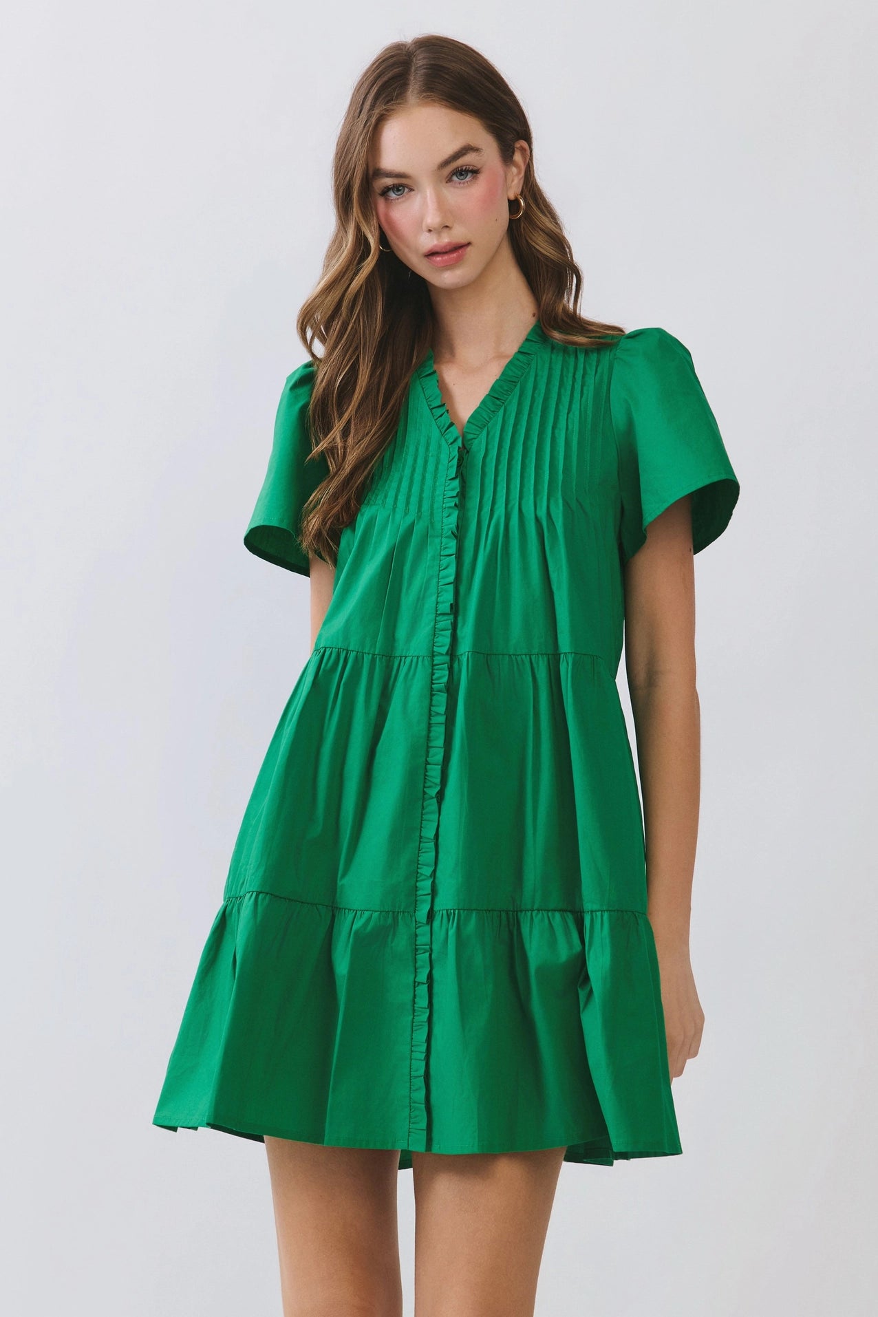 Front Button Down Pleated Detail Ruffle Mini Dress