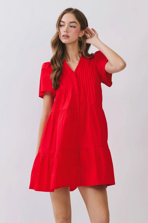 Front Button Down Pleated Detail Ruffle Mini Dress