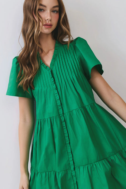 Front Button Down Pleated Detail Ruffle Mini Dress