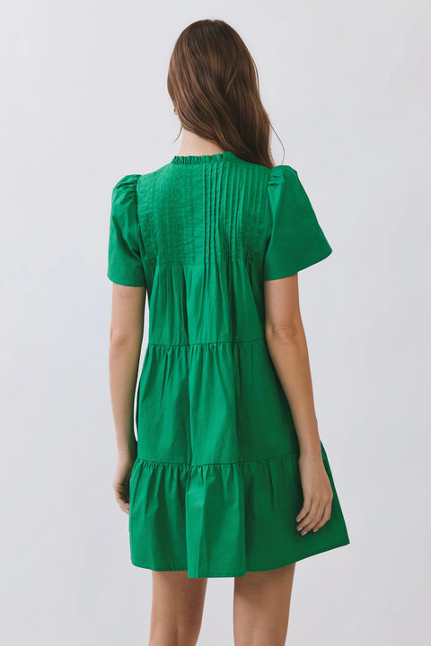 Front Button Down Pleated Detail Ruffle Mini Dress