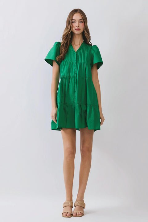 Front Button Down Pleated Detail Ruffle Mini Dress