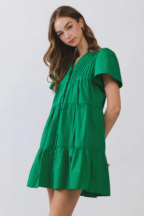 Front Button Down Pleated Detail Ruffle Mini Dress
