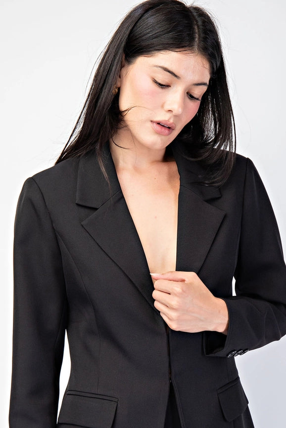 Front Hook & Eye Closed Fitted Woven Tailored Blazer Black-Blazer-Edit by Nine-S-Urbanheer