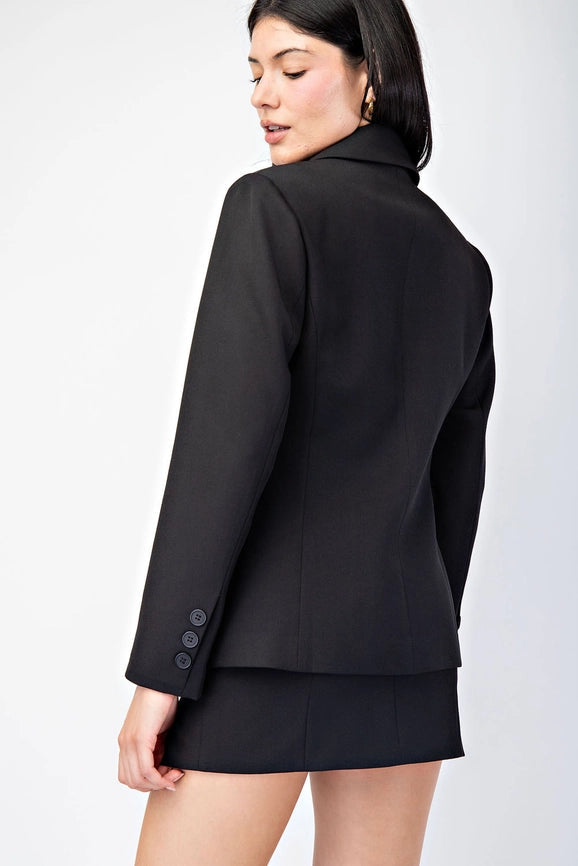 Front Hook & Eye Closed Fitted Woven Tailored Blazer Black-Blazer-Edit by Nine-S-Urbanheer