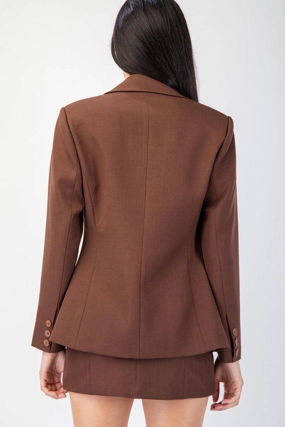Front Hook & Eye Closed Fitted Woven Tailored Blazer Brown-Blazer-Edit by Nine-S-Brown-Urbanheer