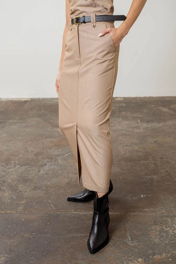 Front Slit Belted Midi Skirt-Skirts-Moon River-XS-TAUPE-Urbanheer