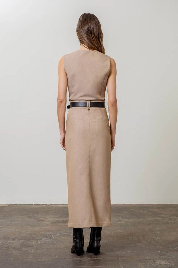 Front Slit Belted Midi Skirt-Skirts-Moon River-XS-TAUPE-Urbanheer