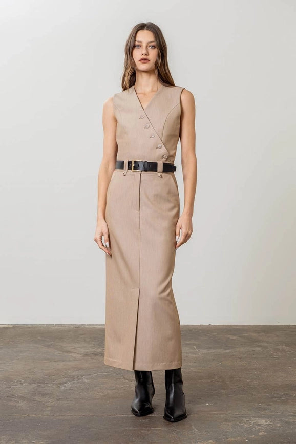 Front Slit Belted Midi Skirt-Skirts-Moon River-XS-TAUPE-Urbanheer