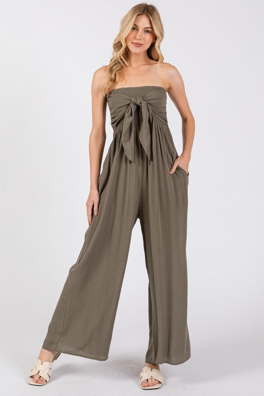 Front Tie Tank Top Wide Leg Jumpsuit Vintage Olive-Jumpsuit-Final Touch-S-Vintage Olive-Urbanheer