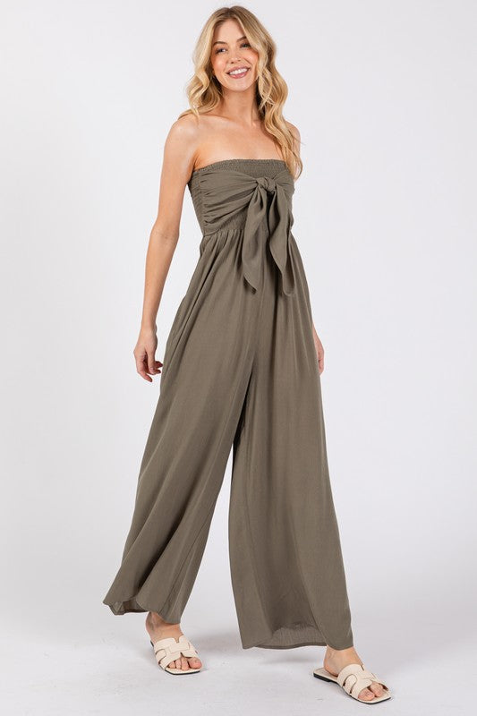 Front Tie Tank Top Wide Leg Jumpsuit Vintage Olive-Jumpsuit-Final Touch-S-Vintage Olive-Urbanheer