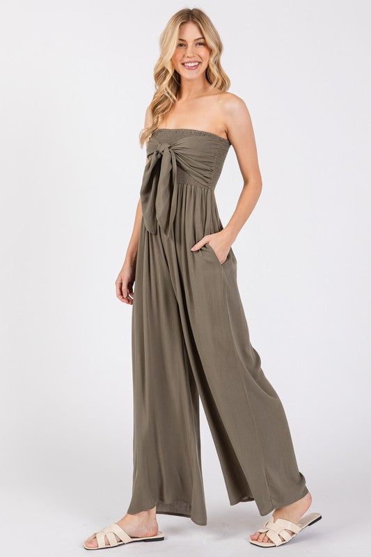 Front Tie Tank Top Wide Leg Jumpsuit Vintage Olive-Jumpsuit-Final Touch-S-Vintage Olive-Urbanheer