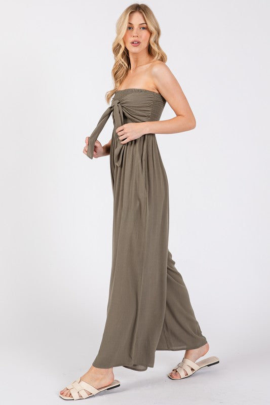 Front Tie Tank Top Wide Leg Jumpsuit Vintage Olive-Jumpsuit-Final Touch-S-Vintage Olive-Urbanheer