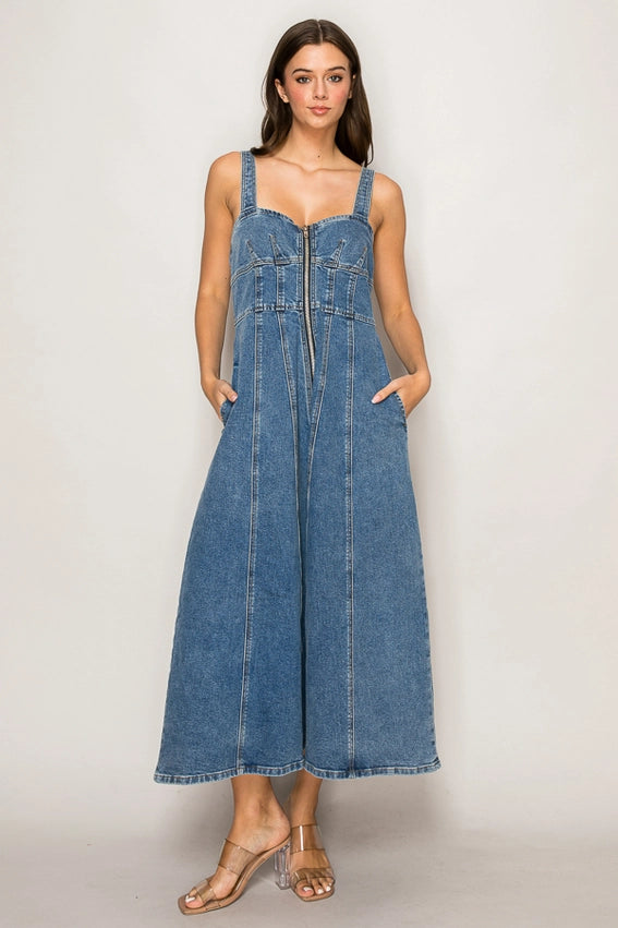 Front Zipper Halter Neck Denim Dress-Dress-Curds and Whey-S-DENIM-Urbanheer