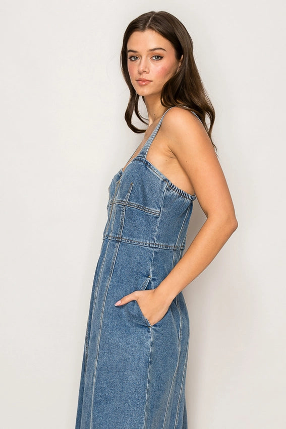 Front Zipper Halter Neck Denim Dress-Dress-Curds and Whey-S-DENIM-Urbanheer