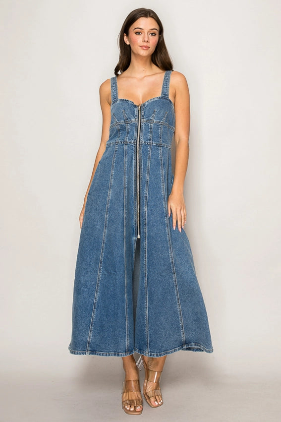 Front Zipper Halter Neck Denim Dress-Dress-Curds and Whey-S-DENIM-Urbanheer