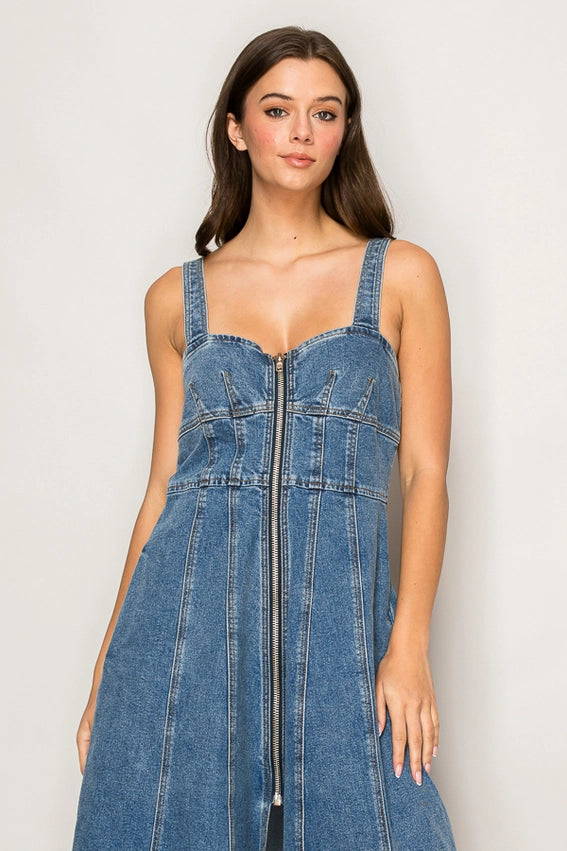 Front Zipper Halter Neck Denim Dress-Dress-Curds and Whey-S-DENIM-Urbanheer