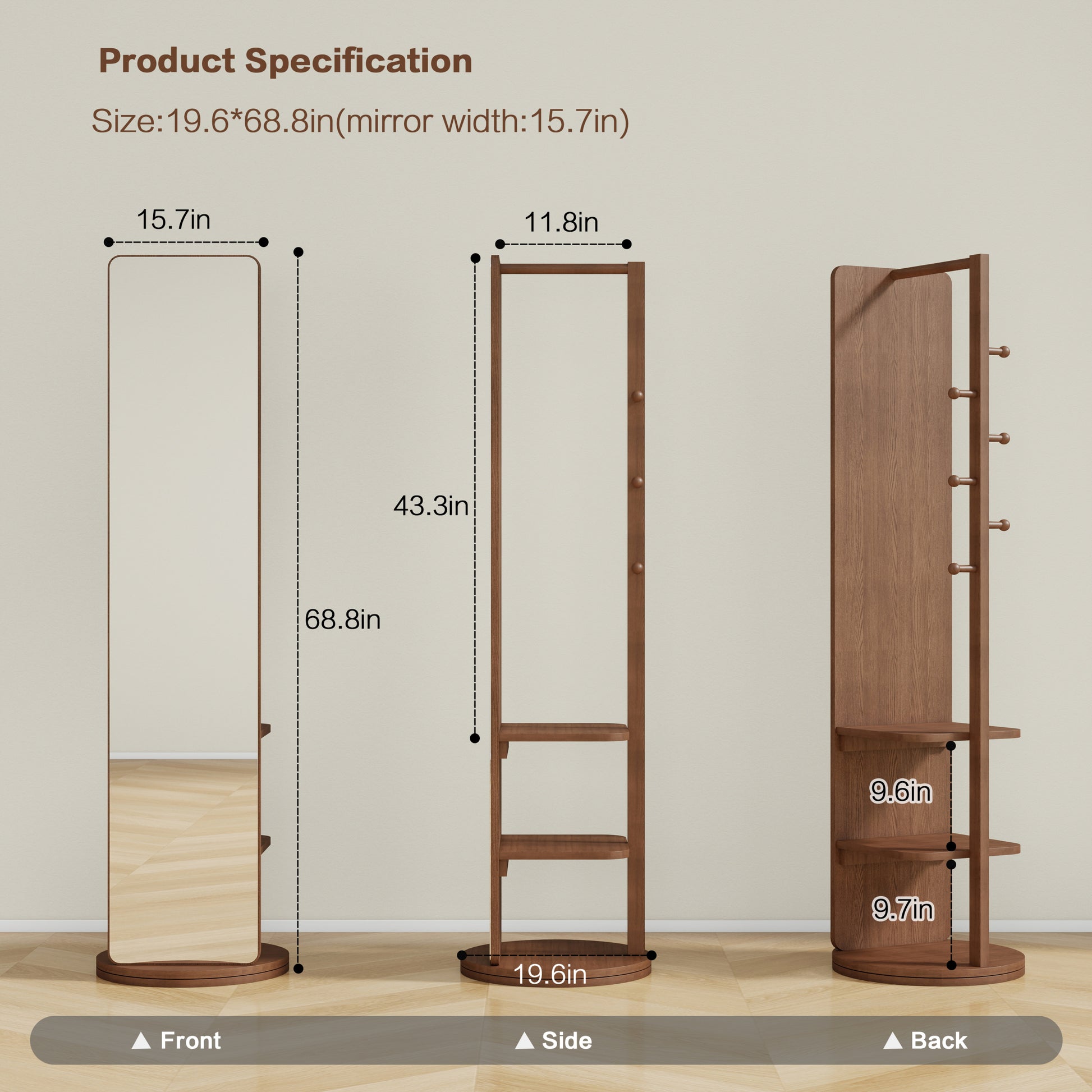 Full-body mirror, solid wood + rubber wood + glass, 19.6*68.8in(mirror width:15.7in) Large mirror-UH Decor-Default-Urbanheer