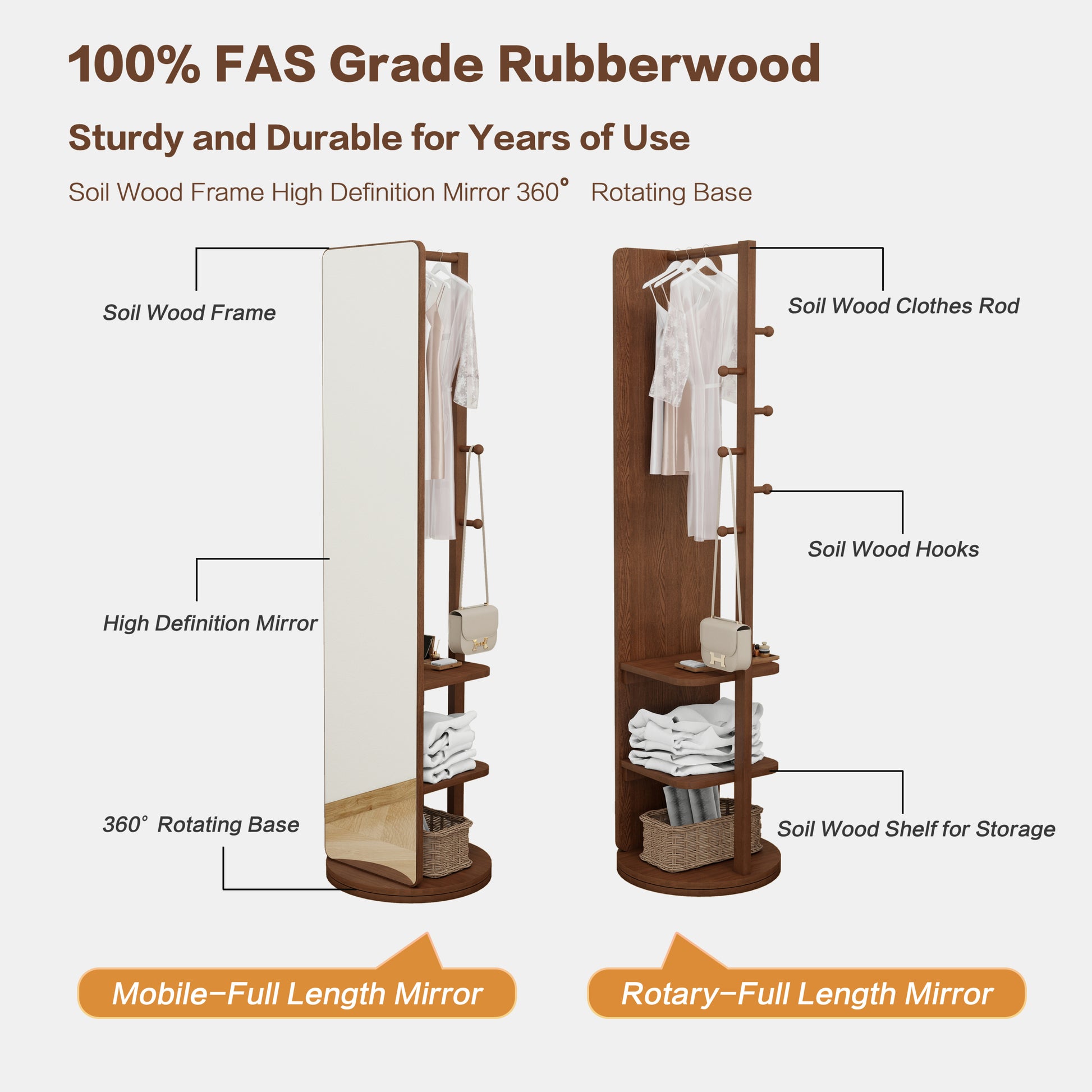 Full-body mirror, solid wood + rubber wood + glass, 19.6*68.8in(mirror width:15.7in) Large mirror-UH Decor-Default-Urbanheer