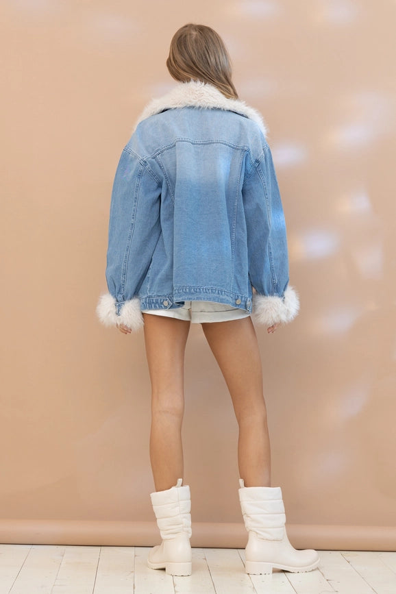 Fur Collard Cuff Over Sized Washed Denim Jacket-Jacket-Blue B-S/M-DENIM-Urbanheer