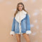 Fur Collard Cuff Over Sized Washed Denim Jacket-Jacket-Blue B-S/M-DENIM-Urbanheer