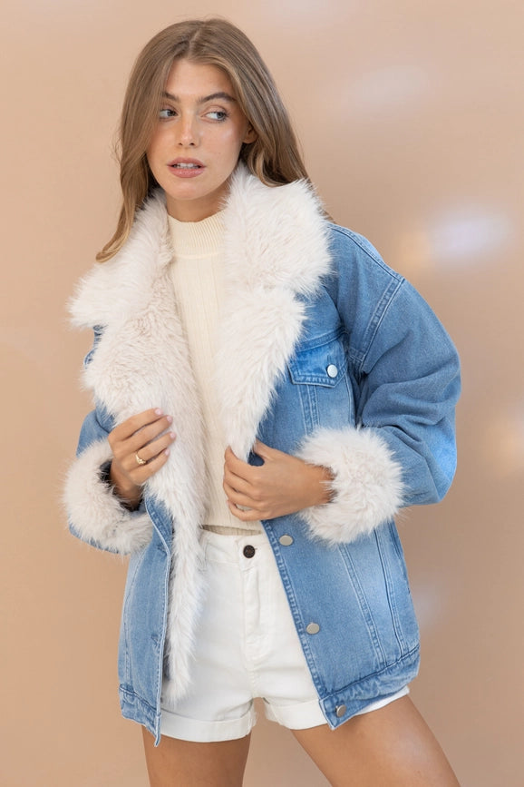 Fur Collard Cuff Over Sized Washed Denim Jacket-Jacket-Blue B-S/M-DENIM-Urbanheer
