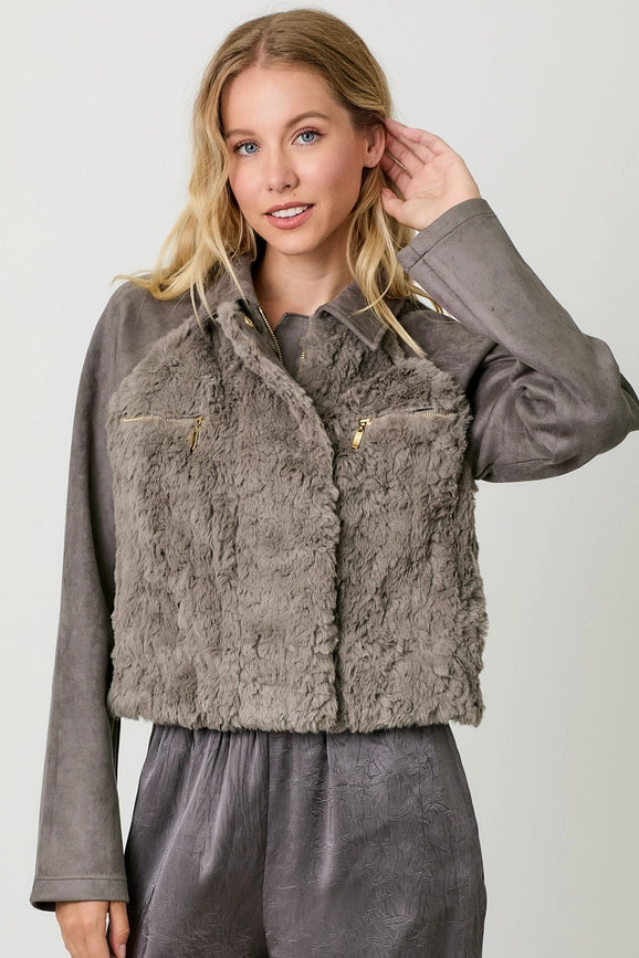 Fur Mixed Suede Jacket-Jacket-Mystree-S-Charcoal-Urbanheer