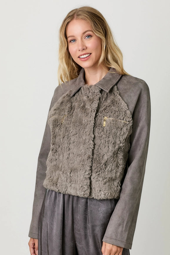 Fur Mixed Suede Jacket-Jacket-Mystree-S-Charcoal-Urbanheer