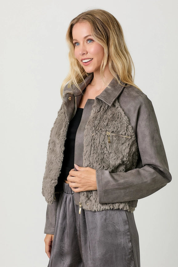 Fur Mixed Suede Jacket-Jacket-Mystree-S-Charcoal-Urbanheer