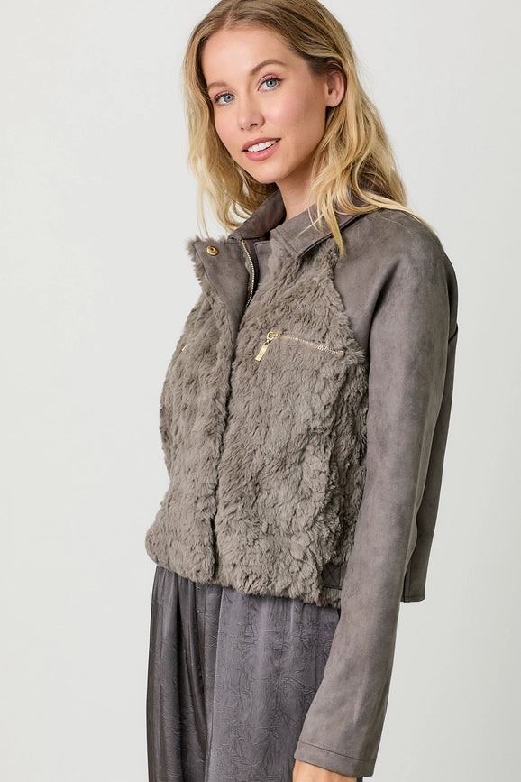 Fur Mixed Suede Jacket-Jacket-Mystree-S-Charcoal-Urbanheer