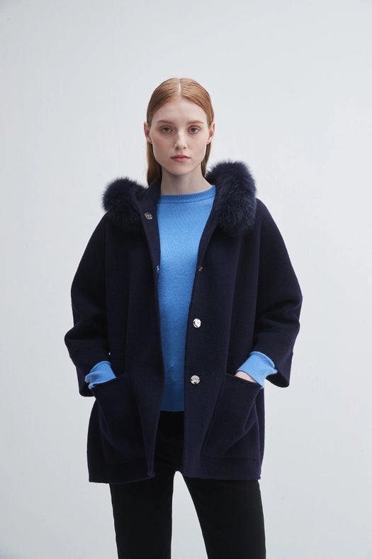 Fur Trim Hooded Cashmere Jacket-Jacket-Pissenlit-S-Navy-Urbanheer