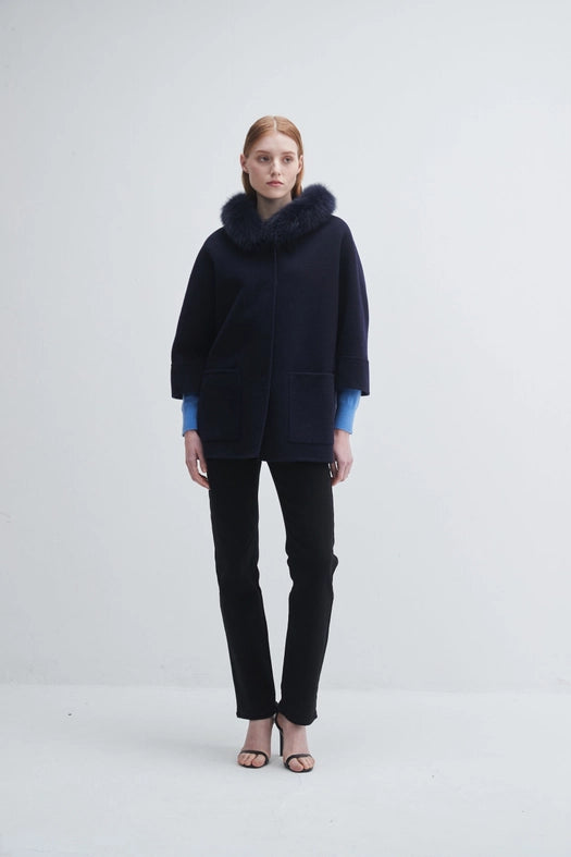 Fur Trim Hooded Cashmere Jacket-Jacket-Pissenlit-S-Navy-Urbanheer