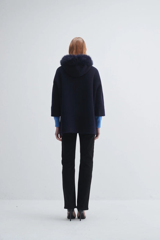 Fur Trim Hooded Cashmere Jacket-Jacket-Pissenlit-S-Navy-Urbanheer