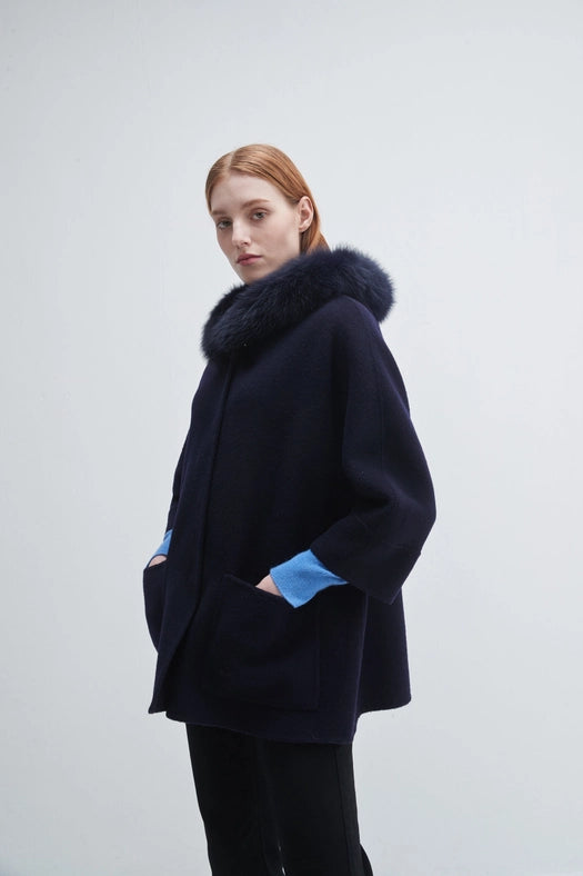 Fur Trim Hooded Cashmere Jacket-Jacket-Pissenlit-S-Navy-Urbanheer