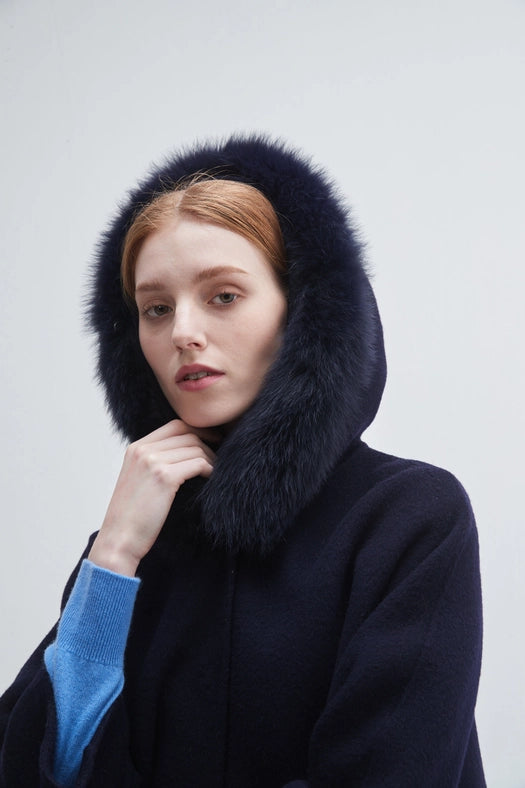 Fur Trim Hooded Cashmere Jacket-Jacket-Pissenlit-S-Navy-Urbanheer