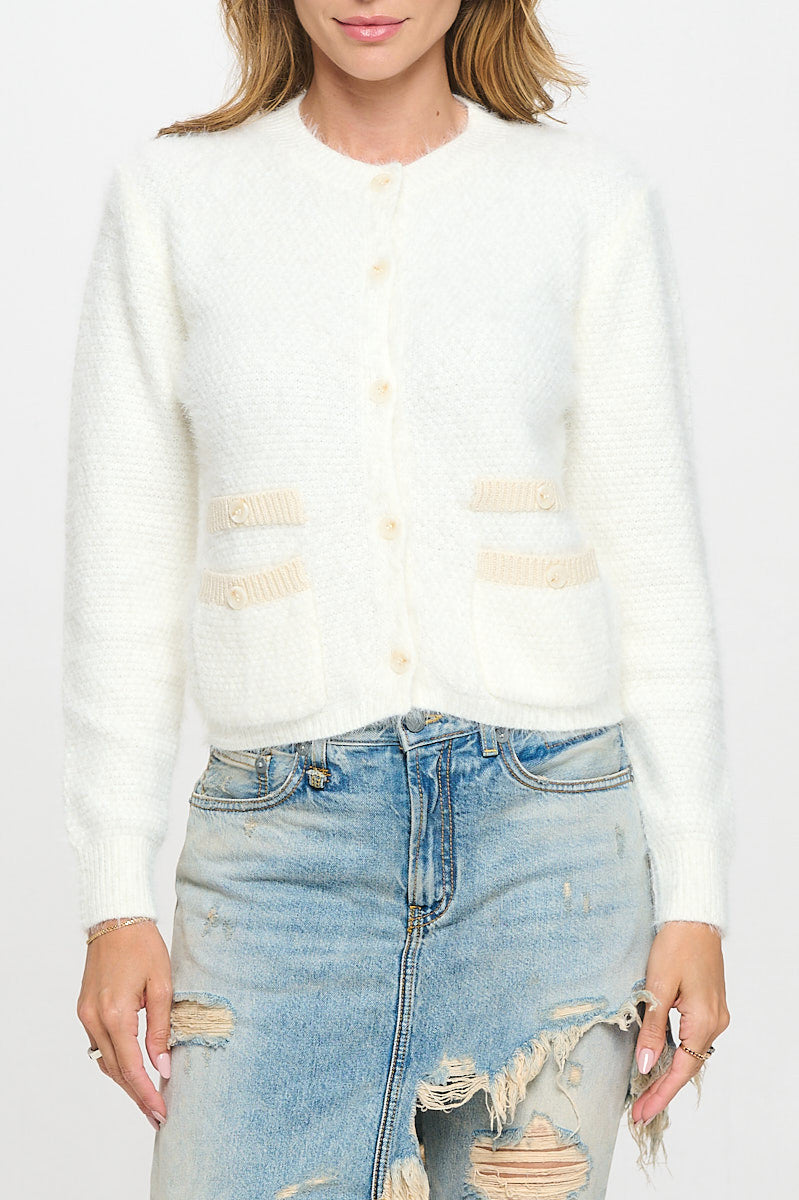 Fuzzy Long Sleeve Cardigan with Two Pockets Detail and Buttons-Cardigans-Reneecollection-Small-IVORY-Urbanheer