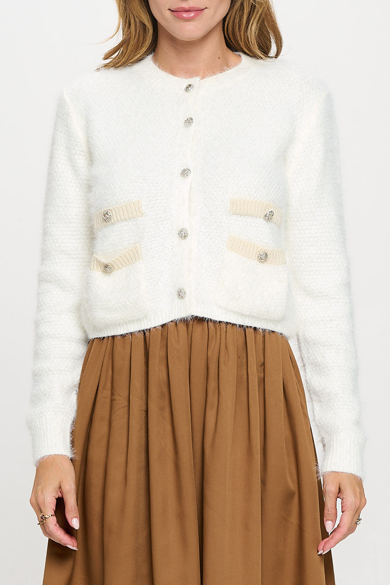 Fuzzy Long Sleeve Cardigan with Two Pockets Detail and Buttons-Cardigans-Reneecollection-Small-IVORY-Urbanheer
