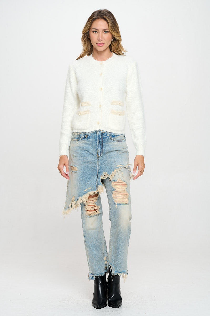 Fuzzy Long Sleeve Cardigan with Two Pockets Detail and Buttons-Cardigans-Reneecollection-Small-IVORY-Urbanheer