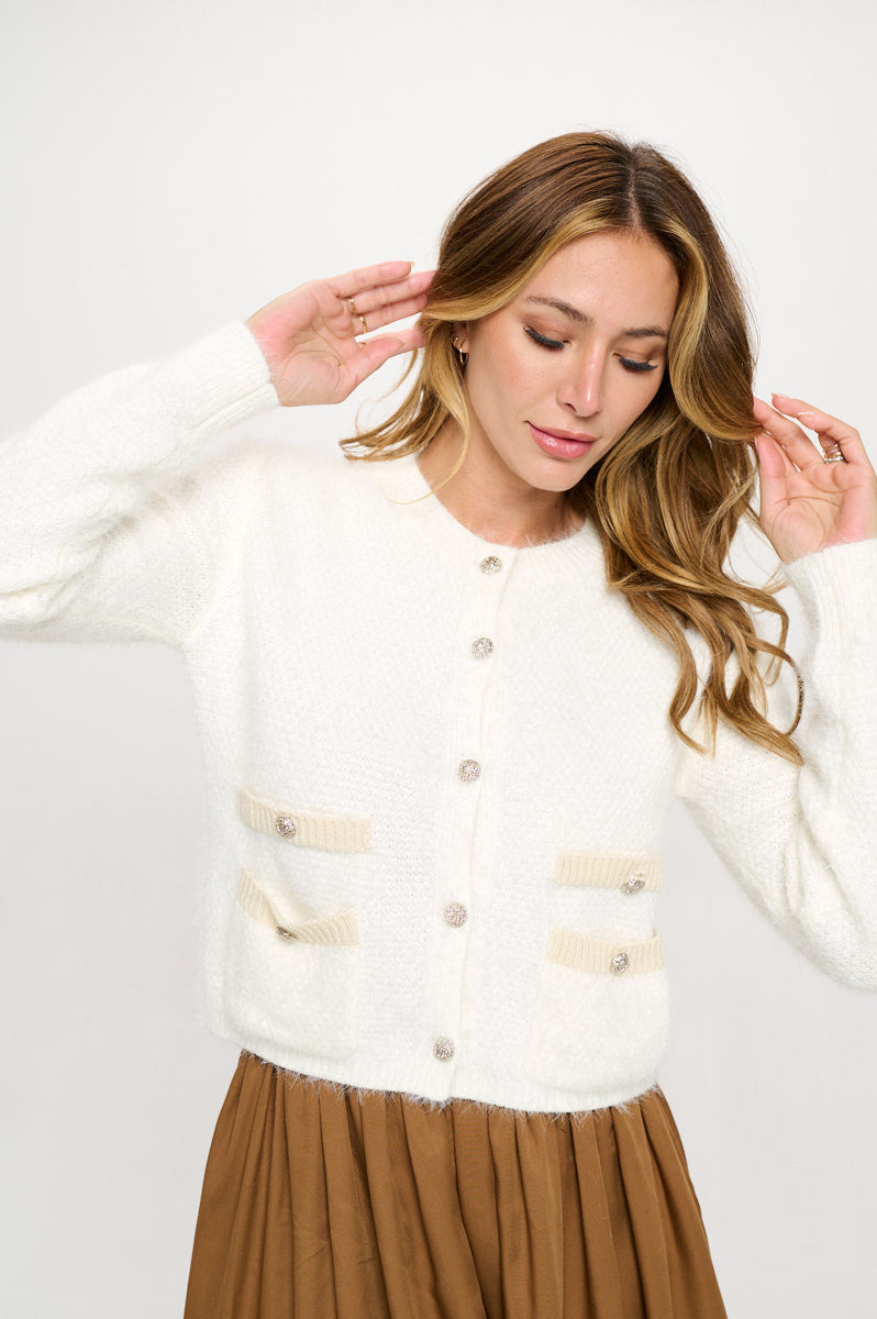 Fuzzy Long Sleeve Cardigan with Two Pockets Detail and Buttons-Cardigans-Reneecollection-Small-IVORY-Urbanheer