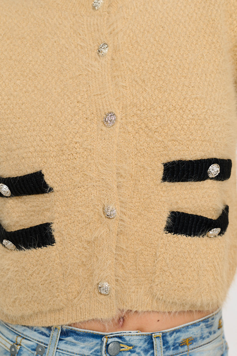 Fuzzy Long Sleeve Cardigan with Two Pockets Detail and Buttons.-Cardigans-Reneecollection-Small-TAUPE-Urbanheer