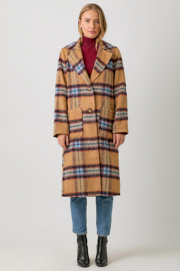 Fuzzy Plaid Long Coat Camel Mix-Coat-Mystree-S-Camel Mix-Urbanheer