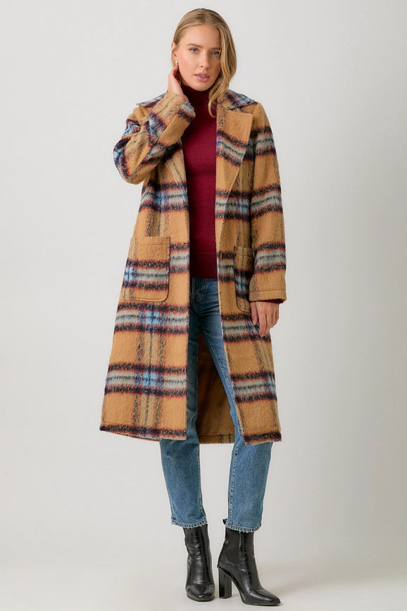 Fuzzy Plaid Long Coat Camel Mix-Coat-Mystree-S-Camel Mix-Urbanheer
