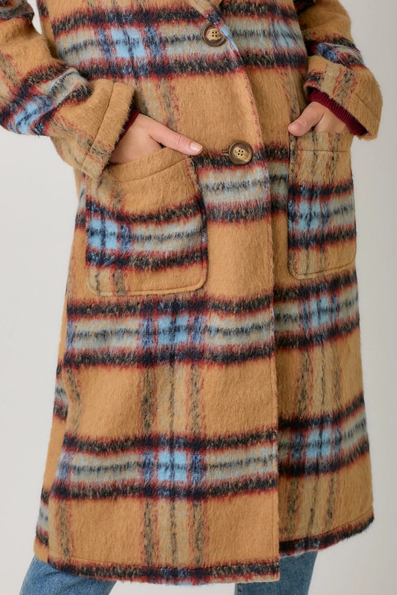 Fuzzy Plaid Long Coat Camel Mix-Coat-Mystree-S-Camel Mix-Urbanheer