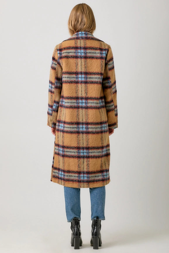 Fuzzy Plaid Long Coat Camel Mix-Coat-Mystree-S-Camel Mix-Urbanheer