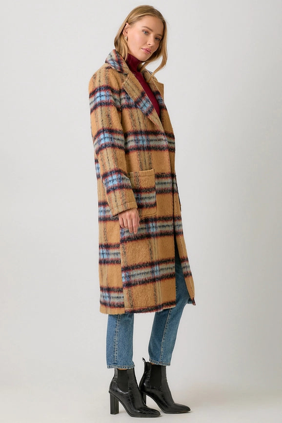 Fuzzy Plaid Long Coat Camel Mix-Coat-Mystree-S-Camel Mix-Urbanheer