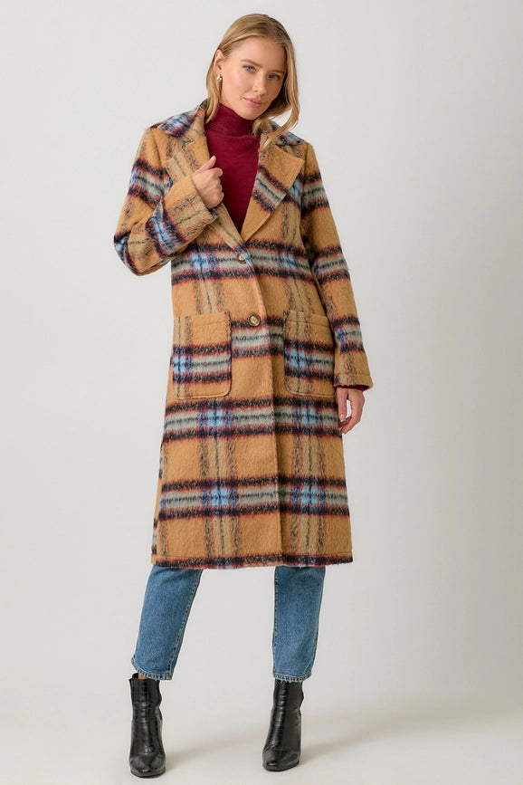 Fuzzy Plaid Long Coat Camel Mix-Coat-Mystree-S-Camel Mix-Urbanheer