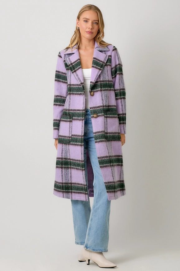 Fuzzy Plaid Long Coat Lavender Mix-Coat-Mystree-S-Lavender Mix-Urbanheer