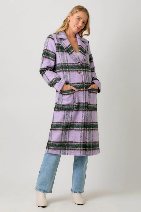 Fuzzy Plaid Long Coat Lavender Mix-Coat-Mystree-S-Lavender Mix-Urbanheer